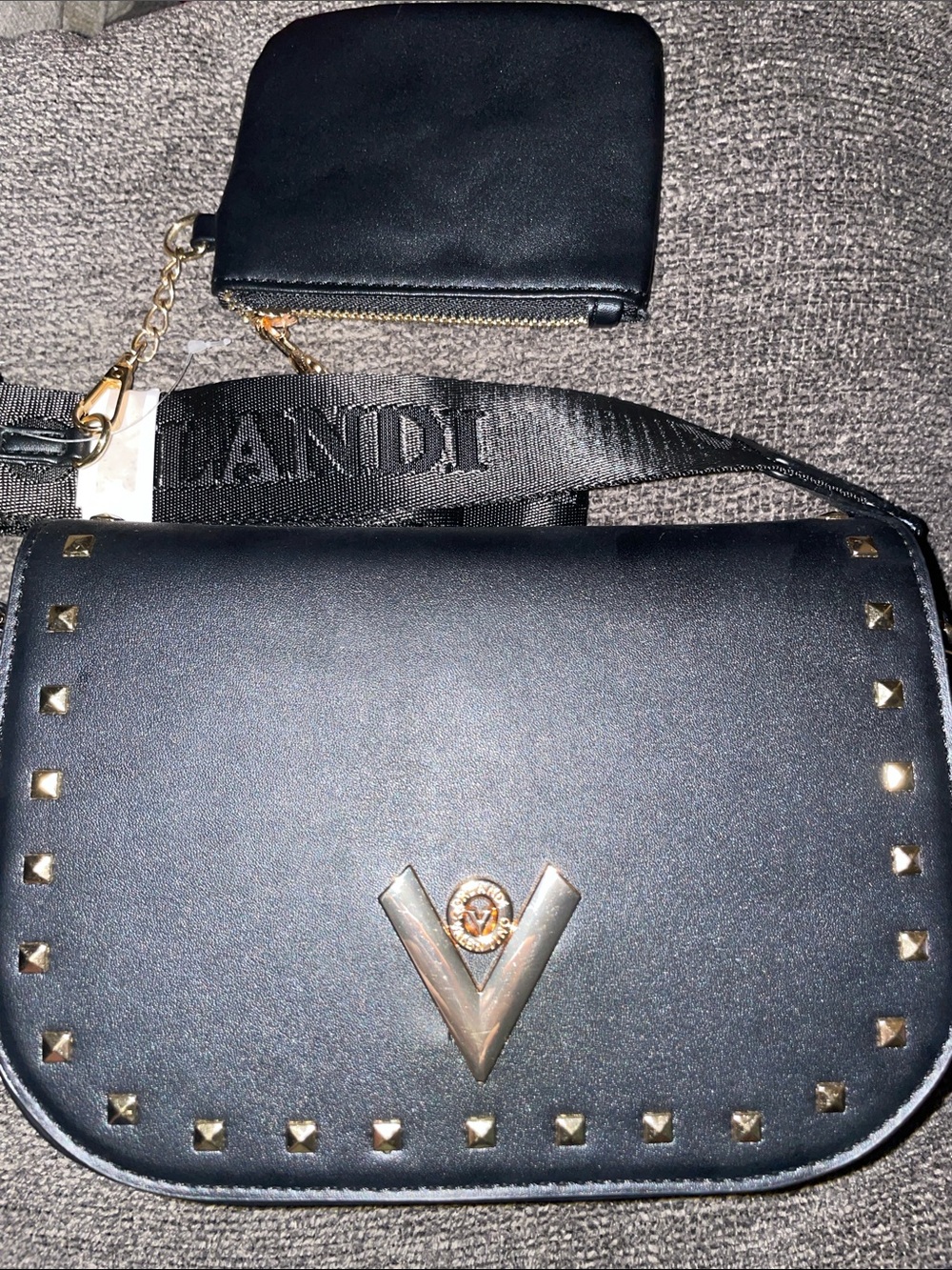 Valentino Orlandi Black Vegan Leather Studded Crossbody with Gold Accents NWTs